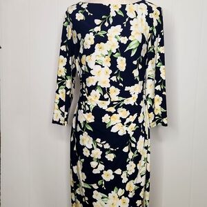 LRL blue butter yellow dark floral side ruching fall winter midi dress